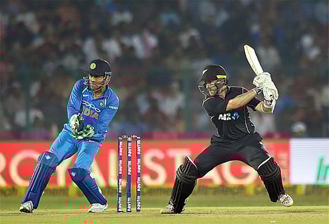 New Zealand batsman Kane Williamson in action during third ODI against India at Green Park Stadium in Kanpur on Sunday. | PTI