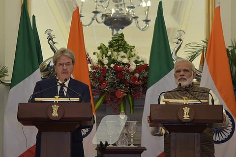 PM Mod and Italian PM Paolo Gentiloni at Joint Press Statement in Hyderabad House, New Delhi. (Photo: Twitter via PIB India)