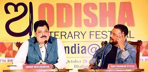 Anand Neelakantan and Ravi Shankar Etteh during the session on 'Does our mythology contradict history?' of Odisha Literary Festival in Bhubaneswar on Sunday | Express