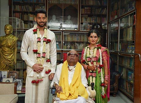 Manu Ranjith and Akshita Vikram with the M Karunanidhi | Twitter