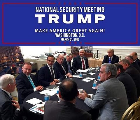In this photo from President Donald Trump's Twitter account, George Papadopoulos, third from left, sits at a table with then-candidate Trump and others at what is labeled at a national security meeting in Washington that was posted on March 31, 2016. (AP)