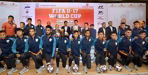 Minister of State for Youth Affairs and Sports Rajyavardhan Singh Rathore, President Sandeep Jajodia with FIFA U-17 World Cup Indian Team pose for a group photograph. | PTI