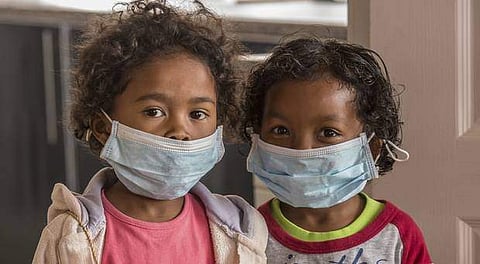 Children wear face masks at a school in Antananarivo. (Photo | AP)