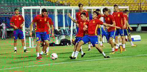 The Spanish team training at the Jawaharlal Nehru International Stadium, Kaloor, on Thursday. | (K Shijith | EPS)