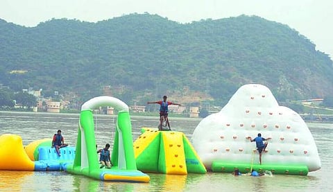 Trial run of the open water park at Bhavani Island in Vijayawada on Friday | Express