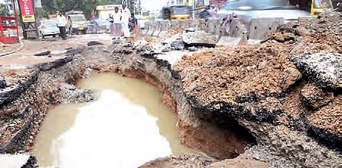 A portion of Usha Mullapudi road in Kukatpally caves in on Sunday | Sayantan Ghosh
