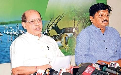 BJD vice-president Prasanna Acharya and Health Minister Pratap Jena addressing mediapersons ress