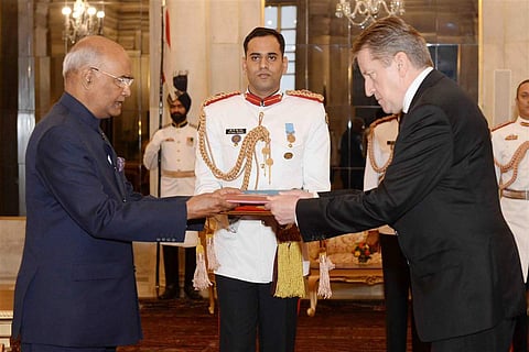 Russian Ambassador Nikolay Kudashev presented his credentials to Ram Nath Kovind. (Photo | Twitter @RusEmbIndia)