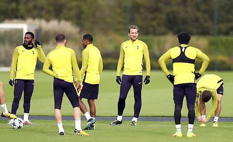Tottenham Hotspur's striker Harry Kane, third right, attends a training session at Enfield Training Centre, London, Tuesday, Oct. 31, 2017. | AP