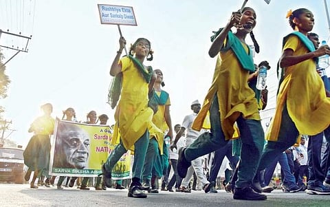 Students taking part in the Run for Unity in Vijayawada on Tuesday | Express