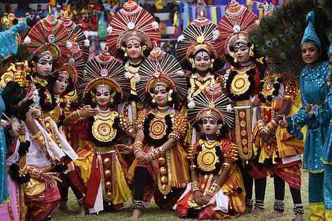 Today is Karnataka Rajyotsava, a day celebrating the formation of the state in 1956. IN PIC: Students performing a cultural dance on the occasion of  62nd Kannda Rajostava at Kanteerava stadioum in Bengaluru on Wednesday. (Photo: EPSNagaraja Gadekal)