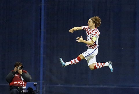 Croatia's Luka Modric celebrates after scoring the opening goal of his team against Greece | AP