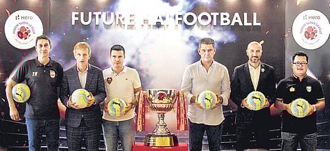 Coaches (from left) of the Mumbai, Bengaluru, Goa, Chennai, Pune ISL teams and the assistant coach of Kerala during an interaction in Mumbai on Friday. | Express Photo Service