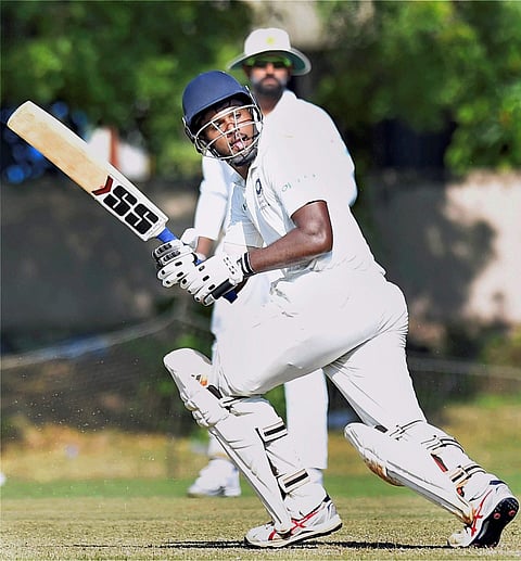 Board President's XI captain Sanju Samson plays a shot during a warm-up match against Sri Lanka. | PTI
