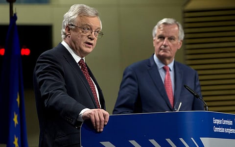 European Union chief Brexit negotiator Michel Barnier, right, and British Secretary of State for Exiting the European Union David Davis participate in a media conference at EU headquarters in Brussels on Friday, Nov. 10, 2017. (AP)