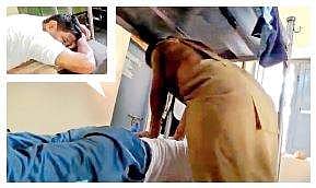 A video grab showing a woman home guard giving massage to an Assistant Sub inspector (inset) in Jogulamba Gadwal district