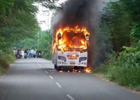 The private bus that went up in flames at Kiltampalem in S Kota mandal of Vizianagaram district on Tuesday morning. | Express Photo Service