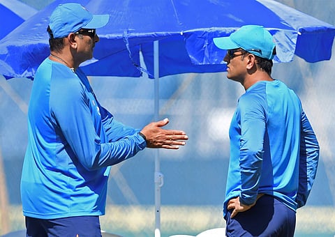 MS Dhoni with the team coach Ravi Shastri during a practice session | PTI