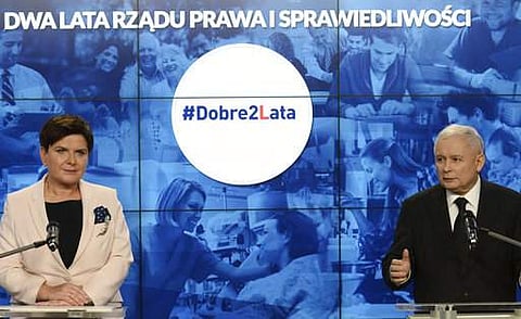 Leader of Poland's ruling party Law and Justice, Jaroslaw Kaczynski, right, and Polish Prime Minister Beata Szydlo attend a press conference summarizing two years of the party's government, in Warsaw, Poland.|AP