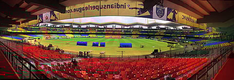 Home side Kerala Blasters will be trying to avenge the defeat they suffered at the hands of the Kolkata-based team when the two sides meet at the opening fixture of the ILS 2017-18 season today. IN PIC: Kochi Jawaharlal Nehru International Stadium,the homeground of Blasters is 'all yellow' and set for Thursday's clash. (Photo: EPS| K Shijith)