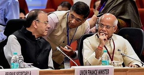 Union Finance Minister Arun Jaitley and Chief Economic advisor Arvind Subramaniam (R) at a GST Council meeting. (Photo | PTI)