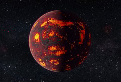 This artist’s impression shows the exoplanet 55 Cancri e as close-up. (ESA/Hubble/M. Kornmesser)