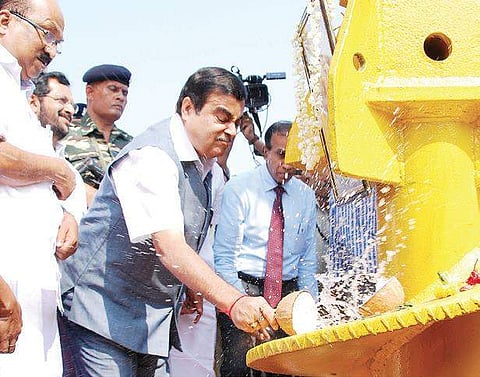 Nitin Gadkari breaks a coconut to mark start of construction of International Ship Repairing Facility at Willingdon Island on Friday | K Shijith