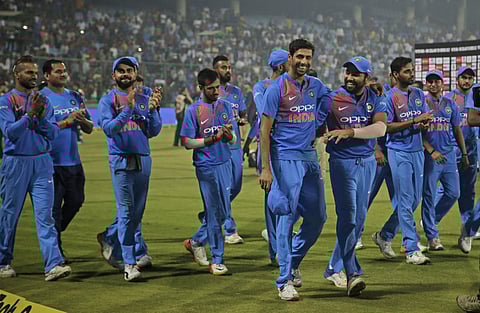India's Ashish Nehra, front left, walks with his teammate Rohit Sharma at the end of his last international cricket match, during the first Twenty20 cricket match against New Zealand in New Delhi, India, Wednesday, Nov. 1, 2017.  | AP