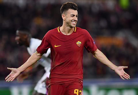 Roma's Stephan El Shaarawy celebrates after scoring his side's second goal during the Champions League group C soccer match between Roma and Chelsea at the Olimpyc stadium in Rome, Tuesday, Oct. 31, 2017. | AP