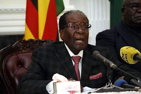 Zimbabwean President Robert Mugabe delivers his speech during a live broadcast at State House in Harare.|AP