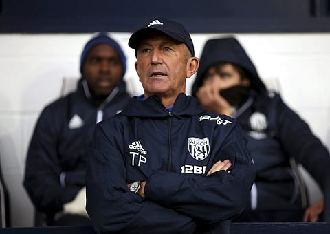 West Bromwich Albion manager Tony Pulis watches the English Premier League soccer match against Chelsea at The Hawthorns, West Bromwich, England, Saturday Nov. 18, 2017. | AP