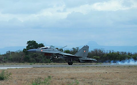 Sukhoi-30 MKI aircraft taking off with BrahMos ALCM. (Express Photo Service)