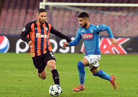 Napoli's Lorenzo Insigne, right, and Shakhtar's Marlos go for the ball during the Champions League Group stage group F soccer match. | AP