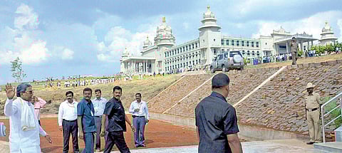 Chief Minister Siddaramaiah arrives at Suvarna Vidhana Soudha for the Assembly session on Wednesday | express