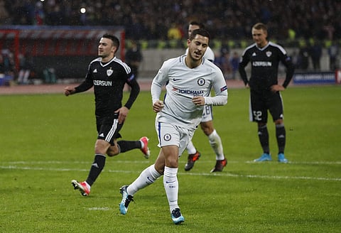 Chelsea's Eden Hazard celebrates after scoring the opening goal of the game from the penalty spot during their Champions League, group C, soccer match between Qarabag FK and Chelsea. | AP
