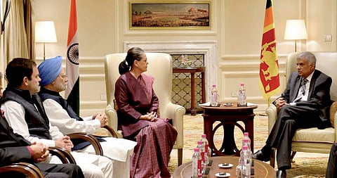 Sri Lankan Prime Minister Ranil Wickremesinghe in a meeting with Congress President Sonia Gandhi in New Delhi on Thursday. Former PM Manmohan Singh and party vice-president Rahul Gandhi are also seen. | PTI