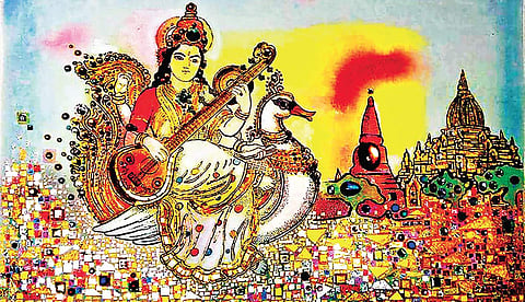 The painting of goddess Saraswathi on a duck