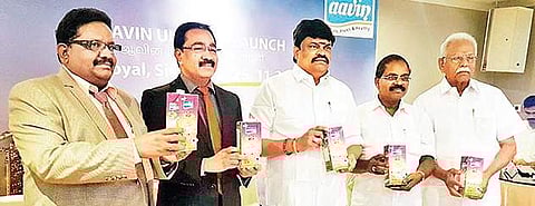 Minister for Milk and Dairy Development K T Rajenthra Bhalaji (centre) launching the sale of Aavin milk in Singapore on Saturday | Express