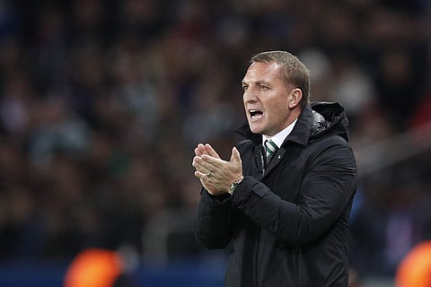 Celtic coach Brendan Rodgers reacts on the sidelines during a Champions League Group B soccer match between Paris St. Germain and Celtic at the Parc des Princes stadium in Paris, France, Wednesday, Nov. 22, 2017. | AP