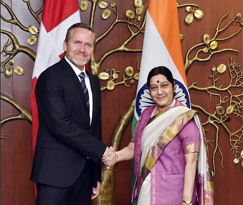 External Affairs Minister Sushma Swaraj and her Danish counterpart Anders Samuelsen (Photo | Twitter/Raveesh Kumar)