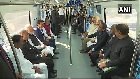 PM Narendra Modi, Telangana CM KC Rao and Governor ESL Narasimhan. take a ride in the newly inaugurated Hyderabad Metro. (Twitter Photo | ANI)