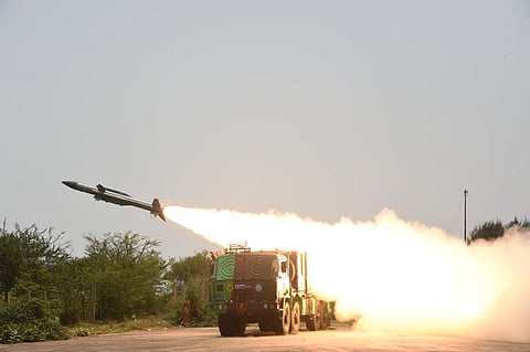 Surface-to-Air Missile (SAM) Akash being test fired from ITR off Odisha coast. (EPS)