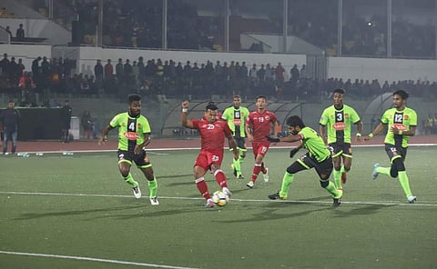 Shillong Lajong FC's Alen Deory in action against Gokulam Kerala FC in the I-League match held at Jawaharlal Nehru Stadium in Shillong on Monday. | PHOTO: Shillong Lajong FC