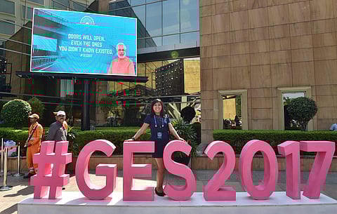 A delegate poses for a photo at the venue of the Global Entrepreneurship Summit 2017 in Hyderabad. |PTI