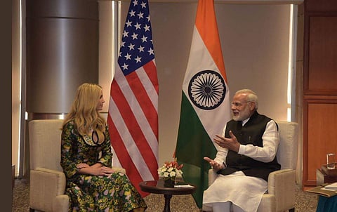 Prime Minister Narendra Modi meets Advisor to the President of the United States, Ivanka Trump at GES2017 in Hyderabad. Ivanka  along with other delegates attended a dinner hosted by PM Modi at Taj Falaknuma. (Photo | PIB)