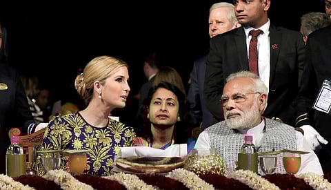 Ivanka Trump with Prime Minister Narendra Modi attending a dinner at the Taj Falaknuma in Hyderabad. (Photo | PTI )