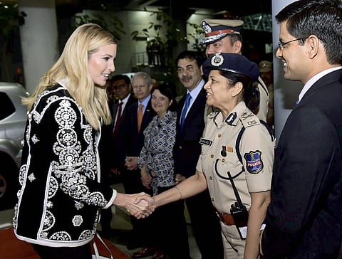 Day 1: Ivanka Trump, Advisor to the President of the USA, being welcomed on her arrival at Shamshabad Airport in Hyderabad on Tuesday to attend the eighth edition of Global Entrepreneurship Summit 2017.  (Photo | PTI)