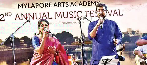 Keerthana Vaidyanathan and Gowtham Bharadwaj V on stage  P Jawahar