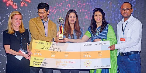 (Third from left)  Dr Indu Shahani and Radha Kapoor, founder of ISDI, giving IFTA Award to ZestMoney team