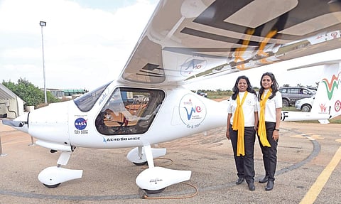 Captain Audrey Deepika Maben and her daughter Amy Maben with their microflight ‘Mahi’, a craft which costs around `2.5 crore  Vinod Kumar T